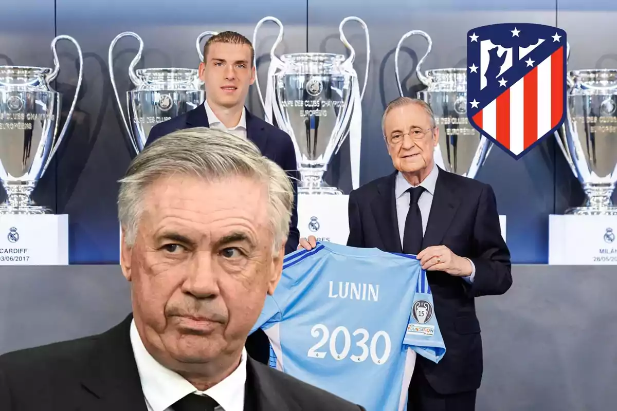 En la imagen se observan tres personas, una de ellas sosteniendo una camiseta con el nombre "Lunin" y el número "2030", con varias copas de la UEFA Champions League en el fondo y el escudo del Atlético de Madrid en la esquina superior derecha.