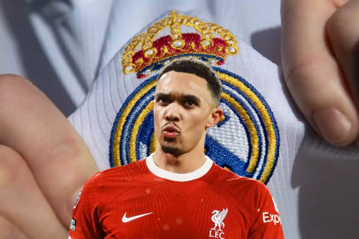 Un jugador del Liverpool con una camiseta roja aparece superpuesto sobre el escudo del Real Madrid.