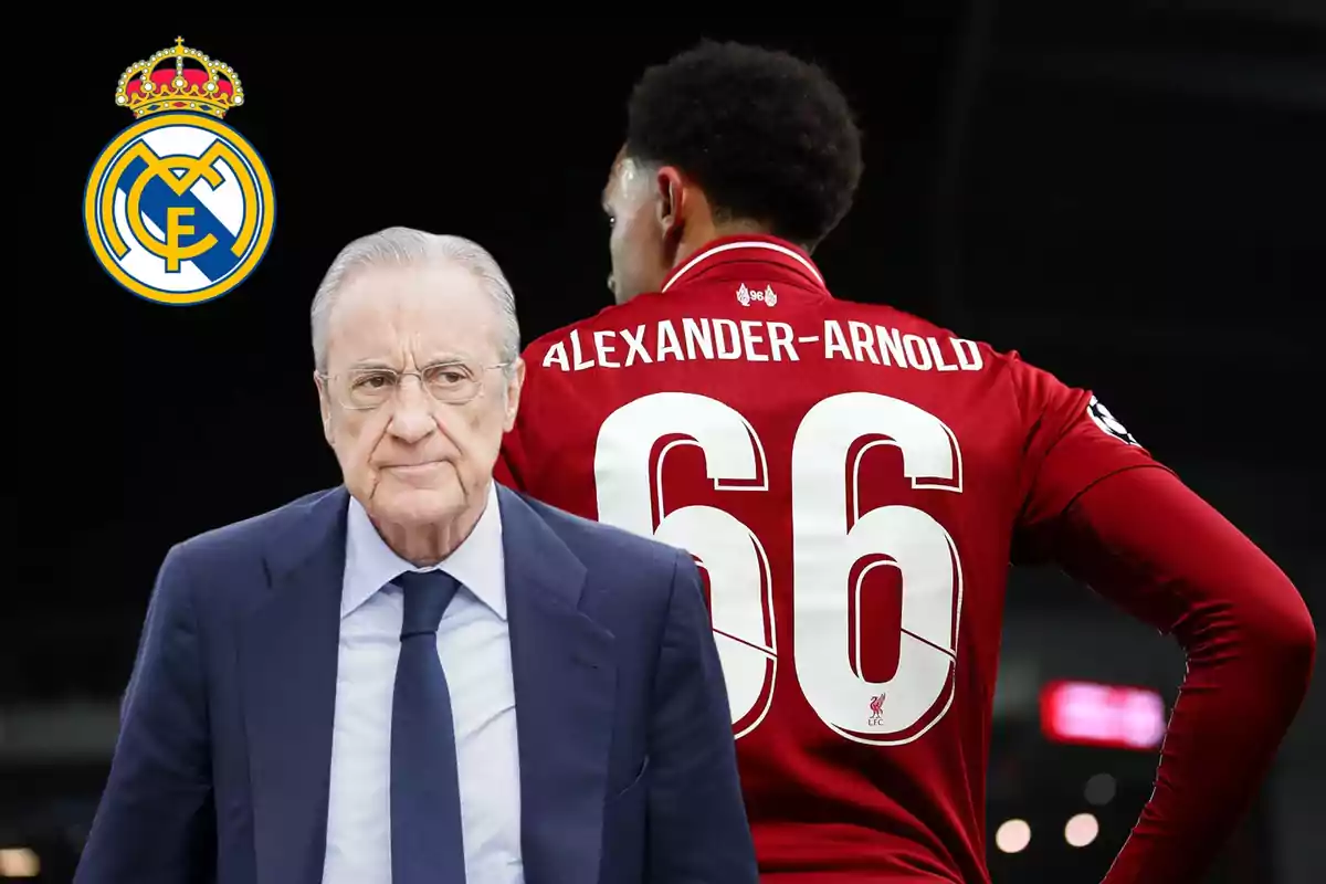 Un hombre mayor con gafas y traje junto a un jugador de fútbol de espaldas con el número 66 en su camiseta roja y el escudo del Real Madrid en el fondo.