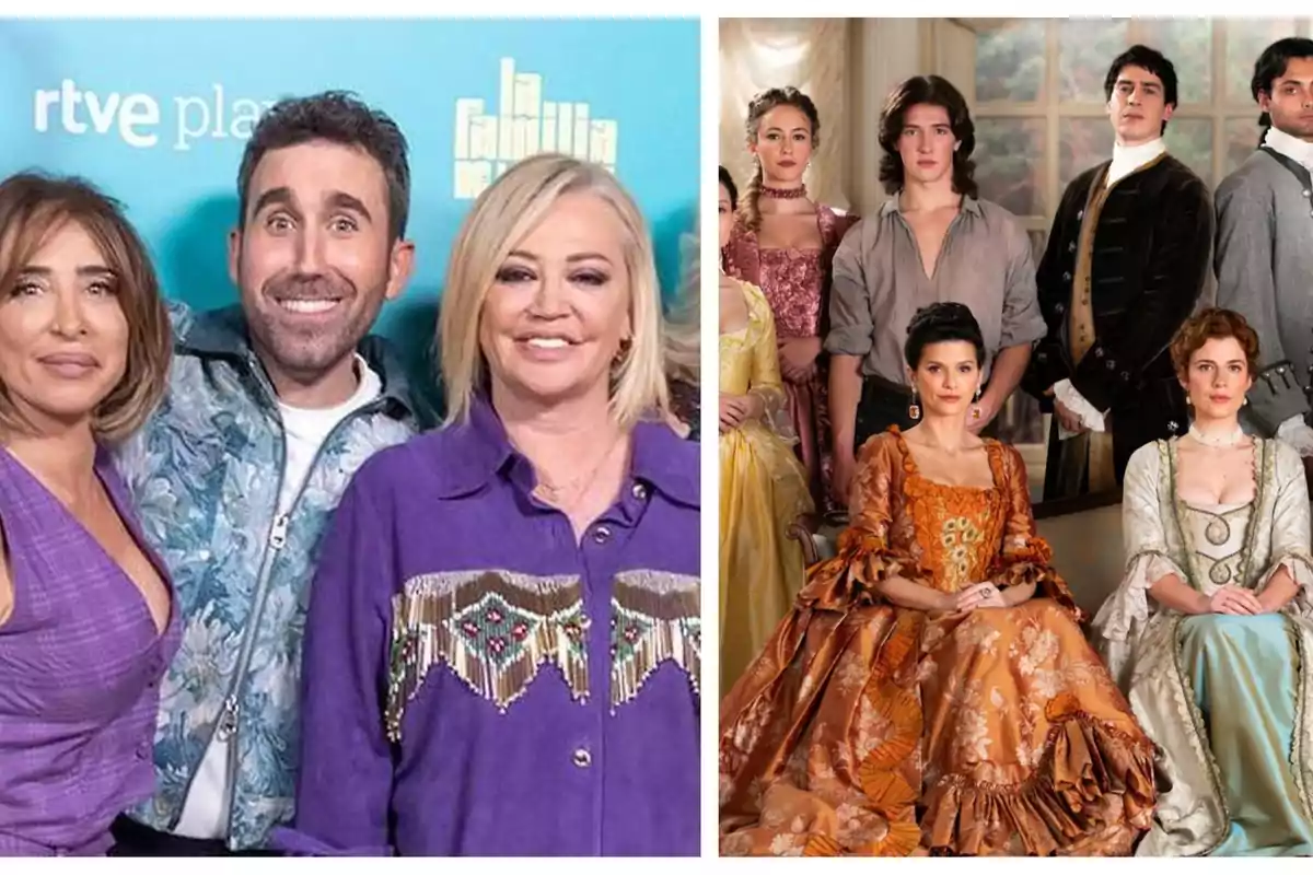 Un grupo de personas posando en un evento de RTVE junto a una imagen de un elenco de actores vestidos con trajes de época.