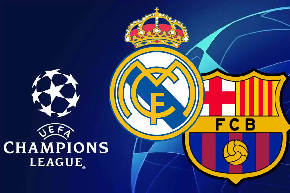 Logos del Real Madrid y FC Barcelona junto al emblema de la UEFA Champions League sobre un fondo azul.