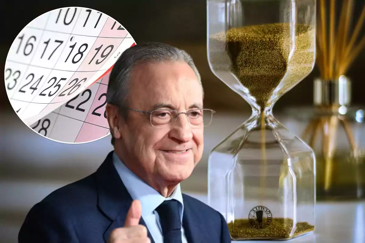 Hombre mayor con gafas y traje sonriendo, con un calendario y un reloj de arena en el fondo.