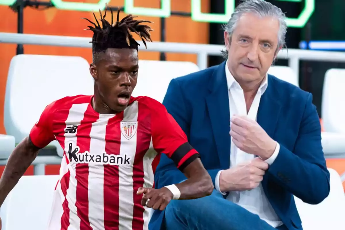 Un jugador de fútbol con la camiseta del Athletic Club de Bilbao y un hombre de traje sentado en un plató de televisión.