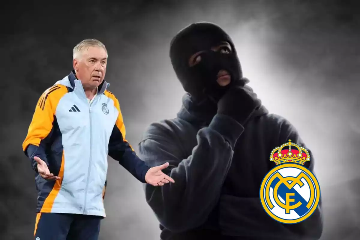 Un entrenador de fútbol con chaqueta del Real Madrid gesticula con las manos mientras un hombre enmascarado está pensativo al fondo con el logo del Real Madrid en la esquina.