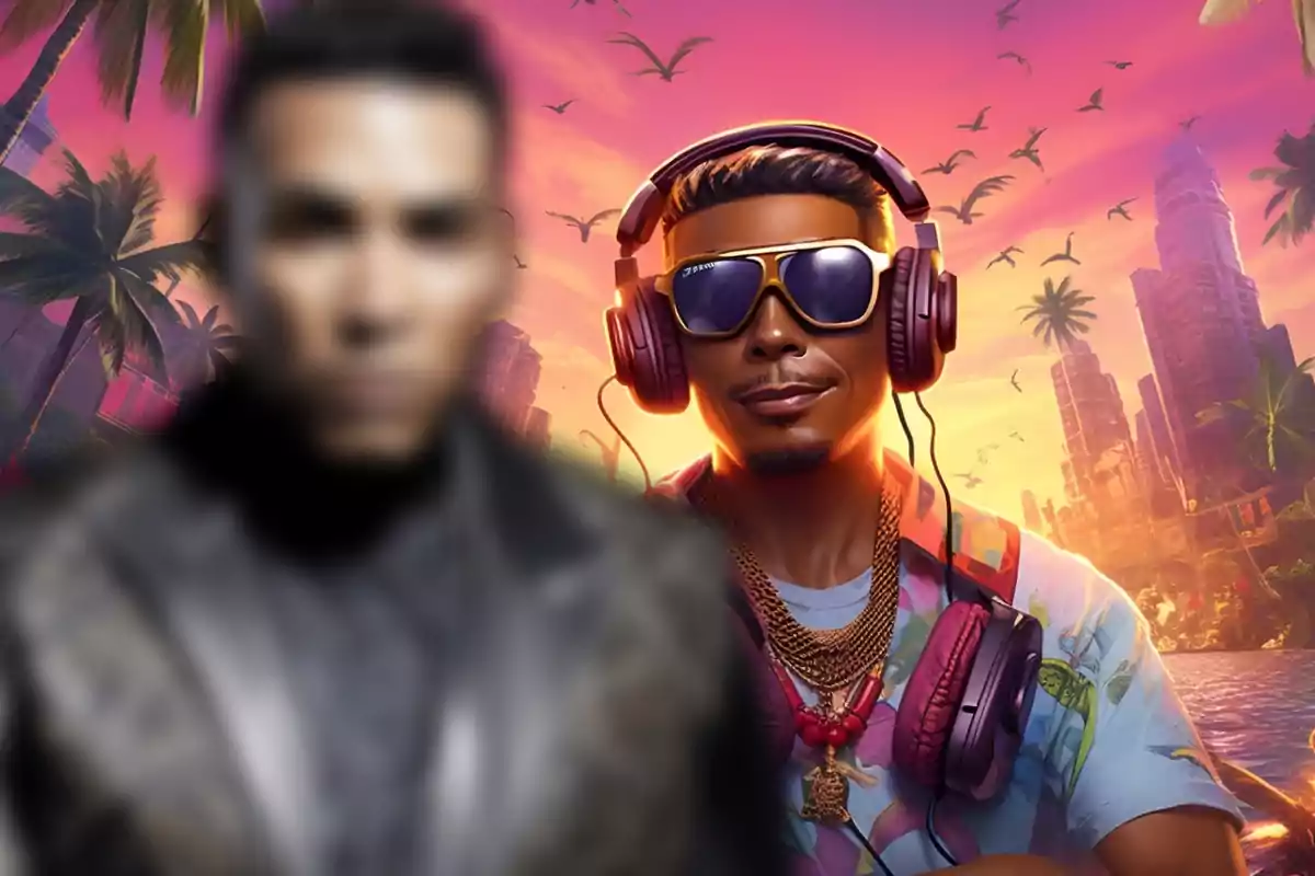 En primer plano una imagen difuminada de Don Omar, y de fondo un dibujo de una Dj con gafas de sol y los cascos puestos con el paisaje de una ciudad de fondo al atardecer