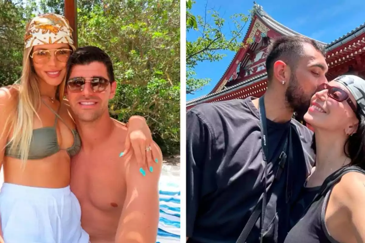 Imágenes de las vacaciones de Thibaut Courtois en una playa paradisíaca con su esposa y al lado Borja Iglesias se da un beso con su pareja en Japón