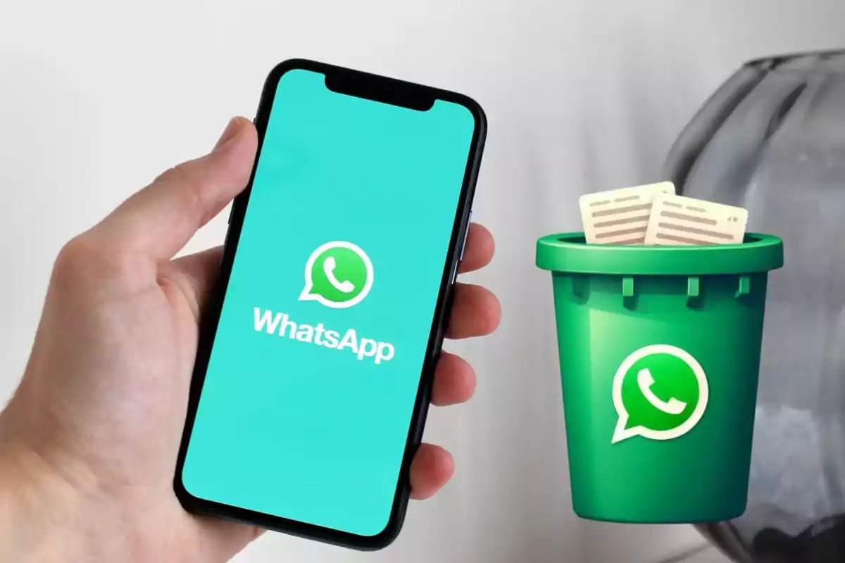 Una mano sostiene un teléfono con la pantalla de inicio de WhatsApp mientras un ícono de papelera con el logo de WhatsApp aparece al lado.