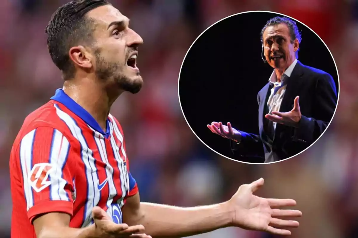 Un jugador de fútbol con uniforme rojo y blanco gesticulando con las manos, con una imagen insertada de un hombre en traje hablando en un escenario.