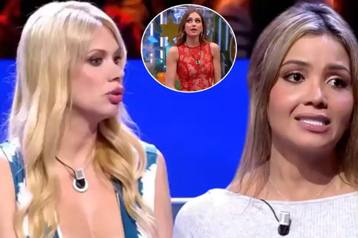 Dos mujeres en un programa de televisión con una imagen insertada de otra mujer en un vestido rojo.