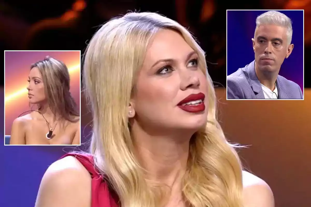 Una mujer rubia con labios rojos aparece en primer plano, mientras que en dos recuadros más pequeños se ven a una mujer de cabello castaño claro y a un hombre de cabello canoso, todos en un entorno de estudio de televisión.