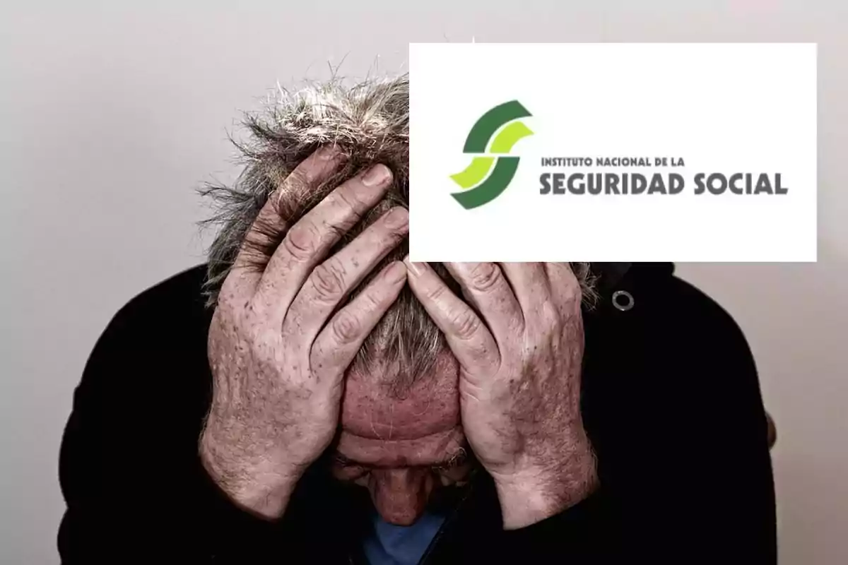 Hombre con las manos en la cabeza y logo del Instituto Nacional de la Seguridad Social.