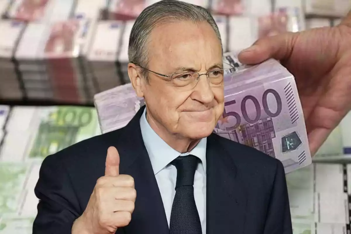 Florentino Pérez, con billetes de 500 euros en el fondo.