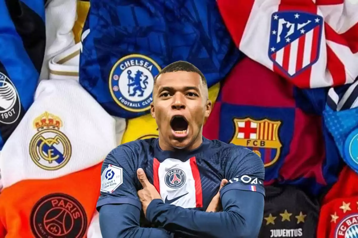 Un jugador de fútbol celebrando con una camiseta del PSG frente a un fondo de camisetas de varios equipos europeos.