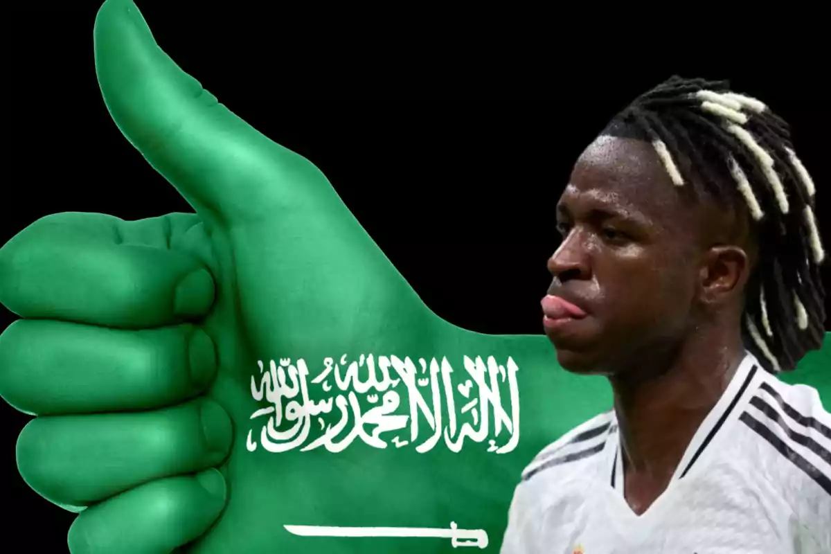 Una mano pintada de verde con la bandera de Arabia Saudita y un jugador de fútbol con la lengua afuera.