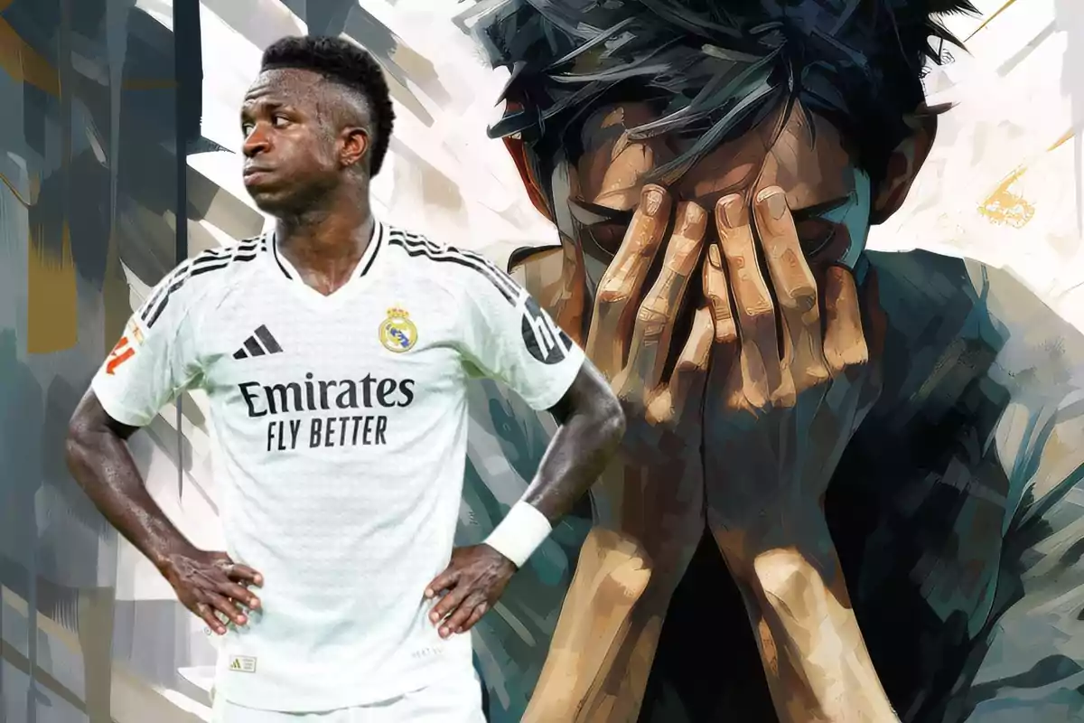 Un jugador de fútbol con uniforme blanco del Real Madrid está de pie con las manos en la cintura, mientras que al fondo se ve una ilustración de una persona cubriéndose el rostro con las manos.