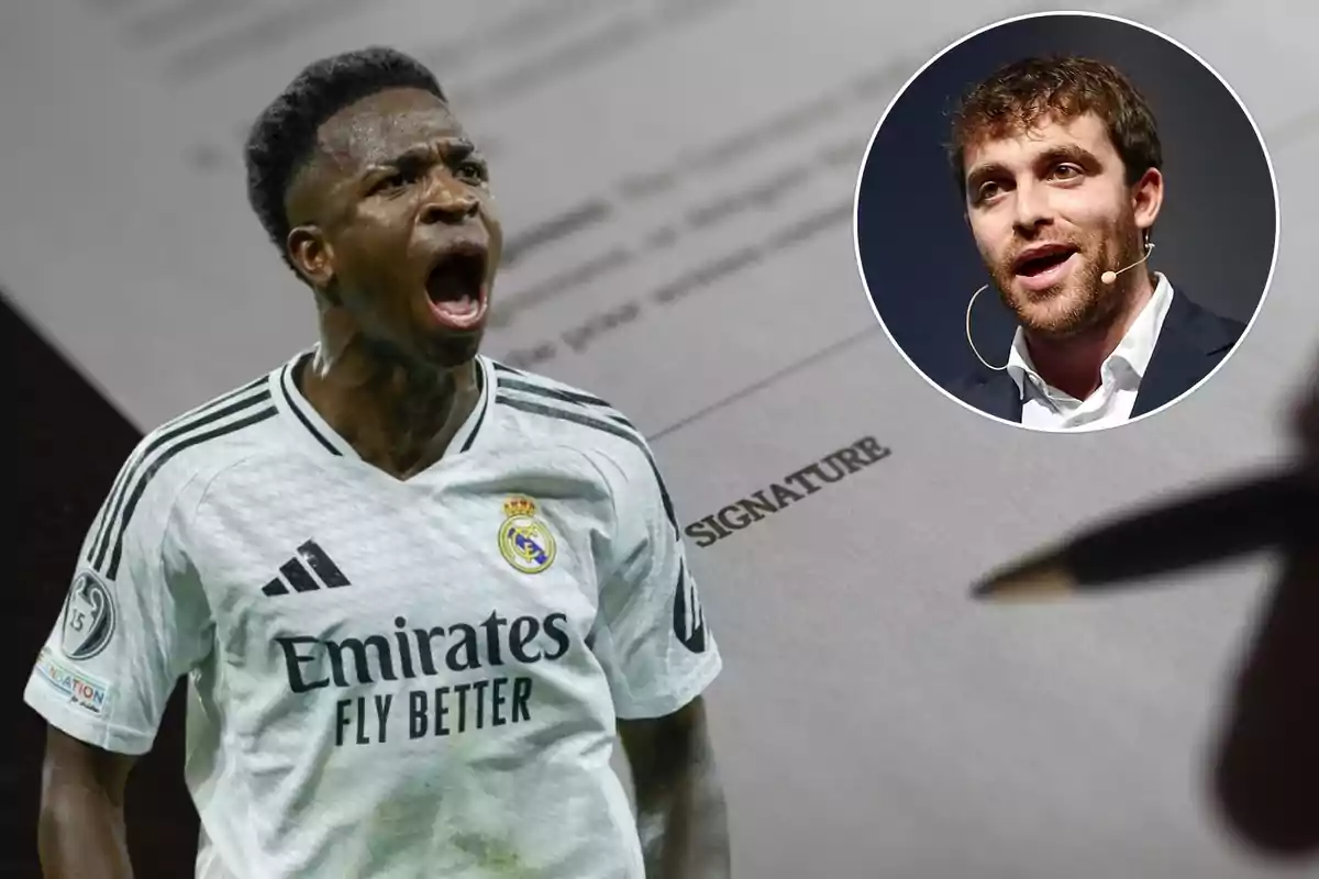 Un jugador de fútbol del Real Madrid celebra con entusiasmo mientras en el fondo se ve un documento con la palabra "signature" y un hombre con micrófono.