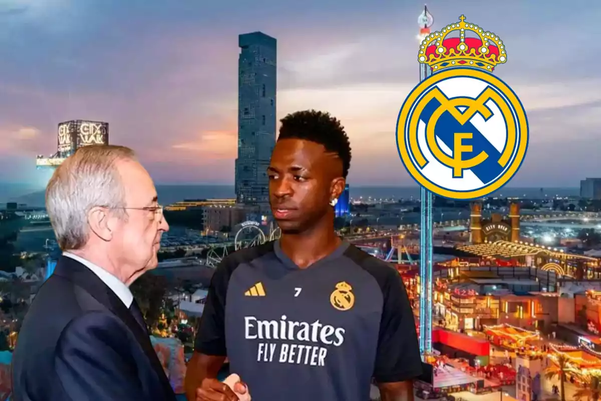 Dos personas conversando con el logo del Real Madrid y una ciudad iluminada al fondo.