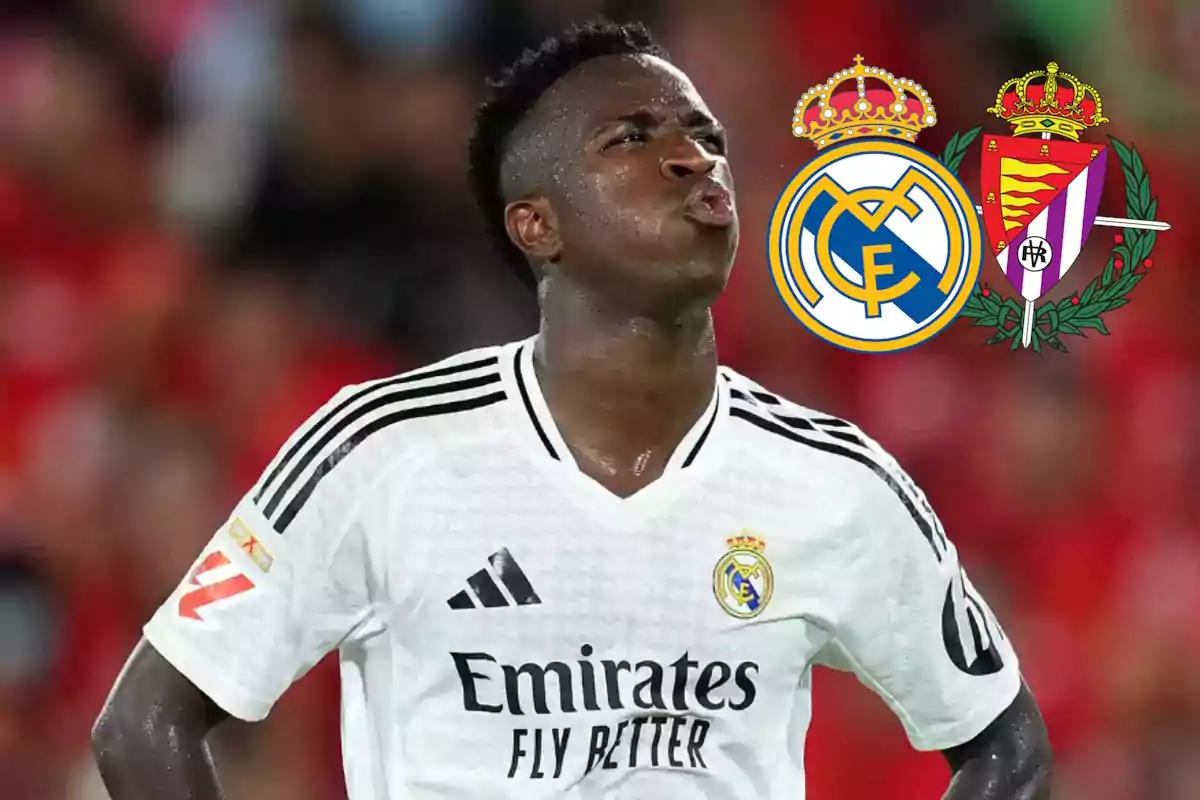 Vinicius junto a los escudos del Real Madrid y Real Valladolid.