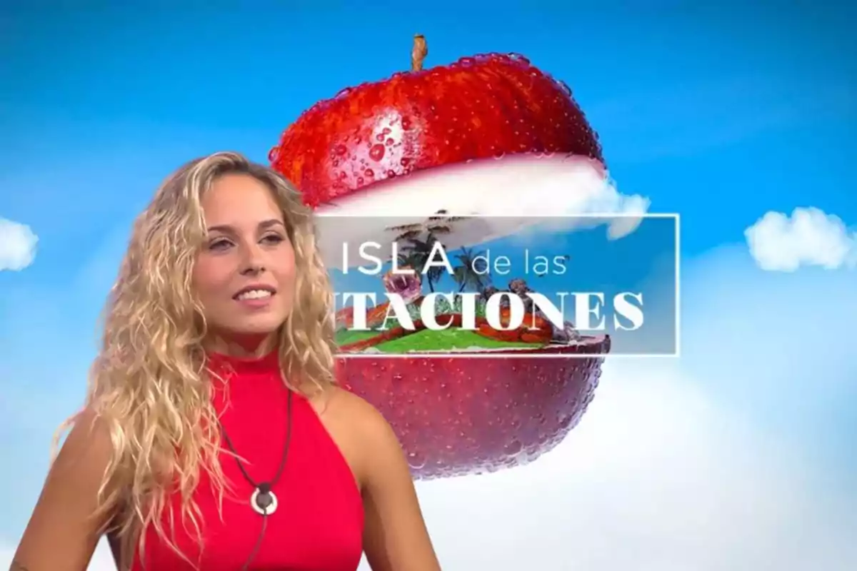 Una mujer con cabello rubio y rizado lleva un vestido rojo frente a un fondo que muestra una manzana roja con el texto "Isla de las Tentaciones".