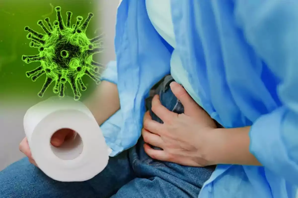 Persona con dolor abdominal sosteniendo papel higiénico y una representación de un virus verde.