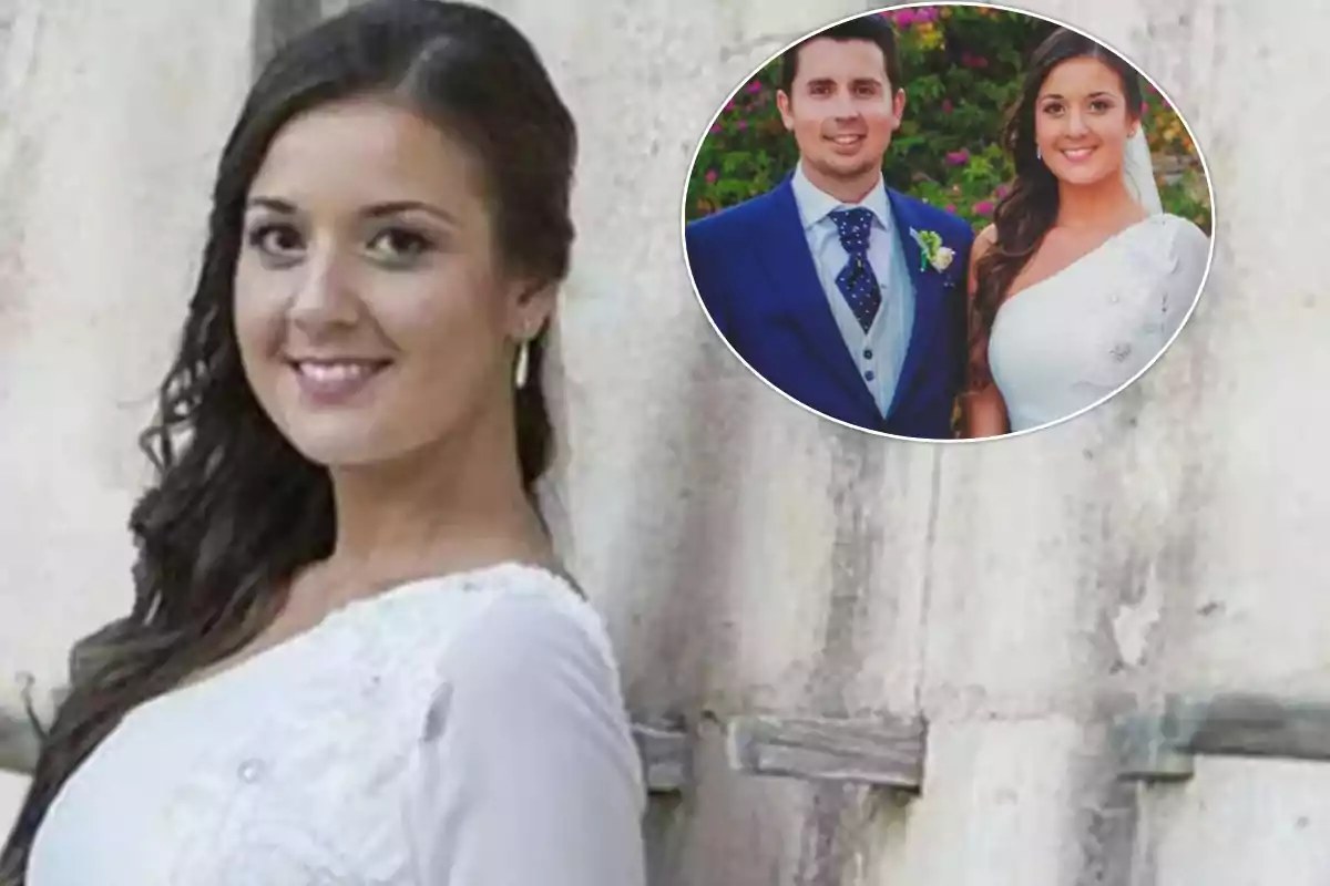 Mujer joven con vestido blanco sonríe frente a una pared clara y en la esquina superior derecha aparece una imagen circular de una pareja vestida de boda.