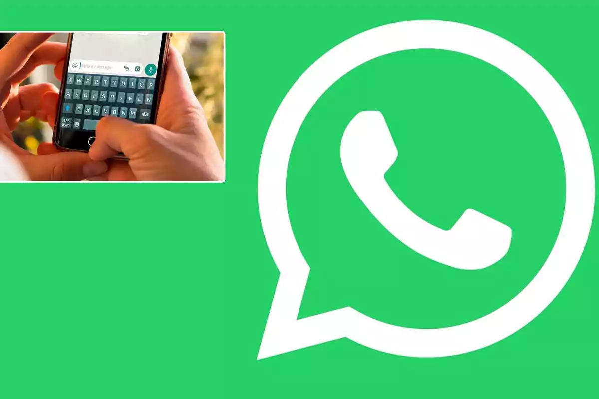 Persona escribiendo un mensaje en un teléfono móvil con el logo de WhatsApp en el fondo verde.