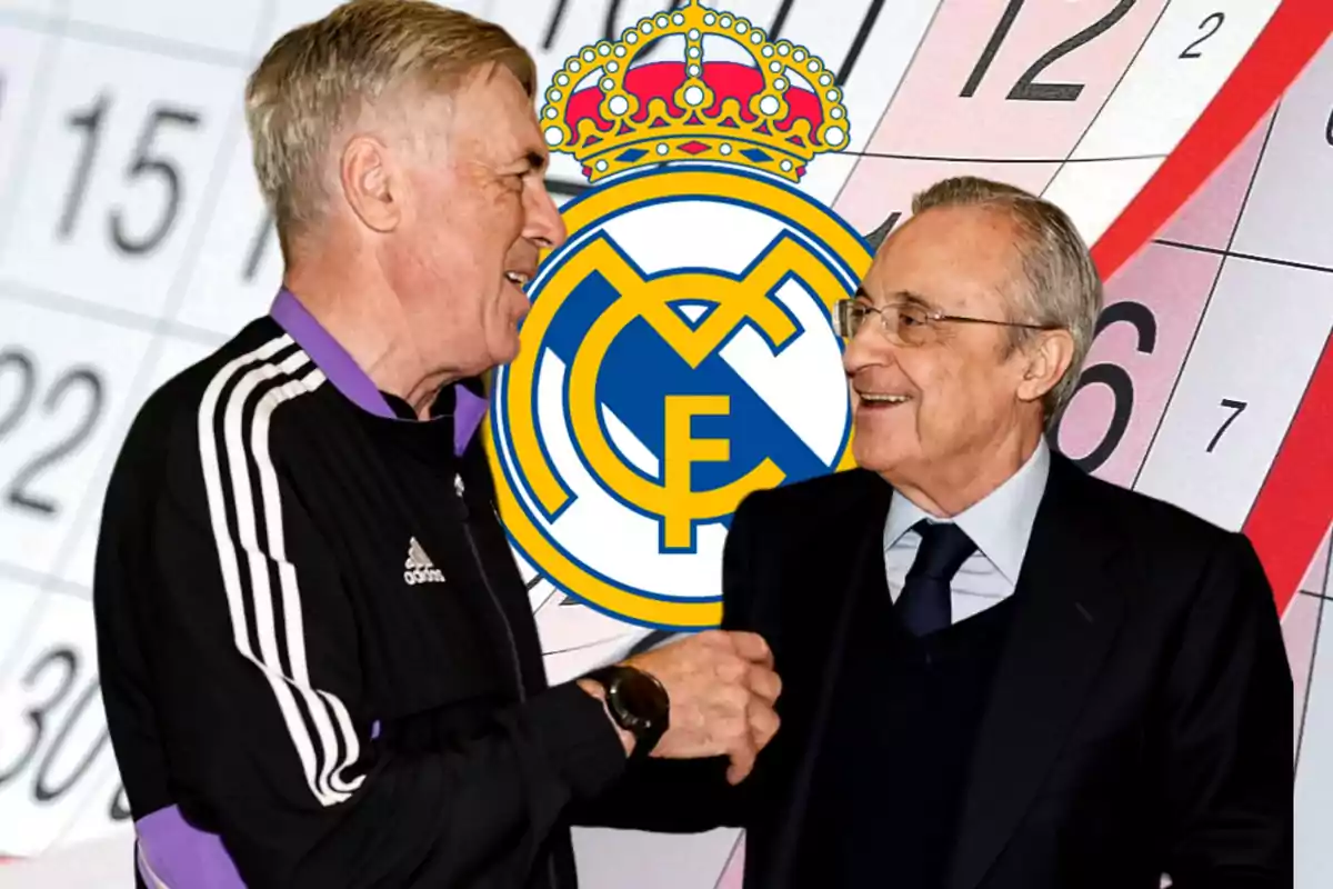 Florentino Pérez dandole la mano a Carlo Ancelotti con el escudo del Madrid y un calendario detrás