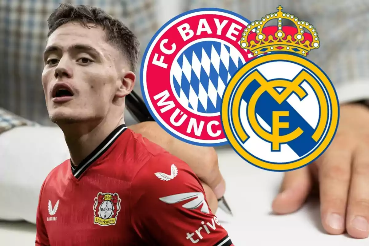 Un jugador del Bayer Leverkusen con los logos del Bayern Múnich y el Real Madrid al fondo.