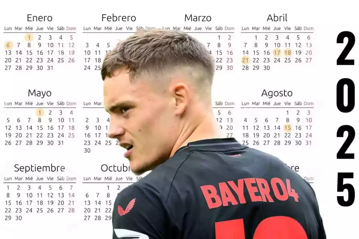 Un jugador de fútbol con la camiseta del Bayer 04 aparece frente a un calendario del año 2025.