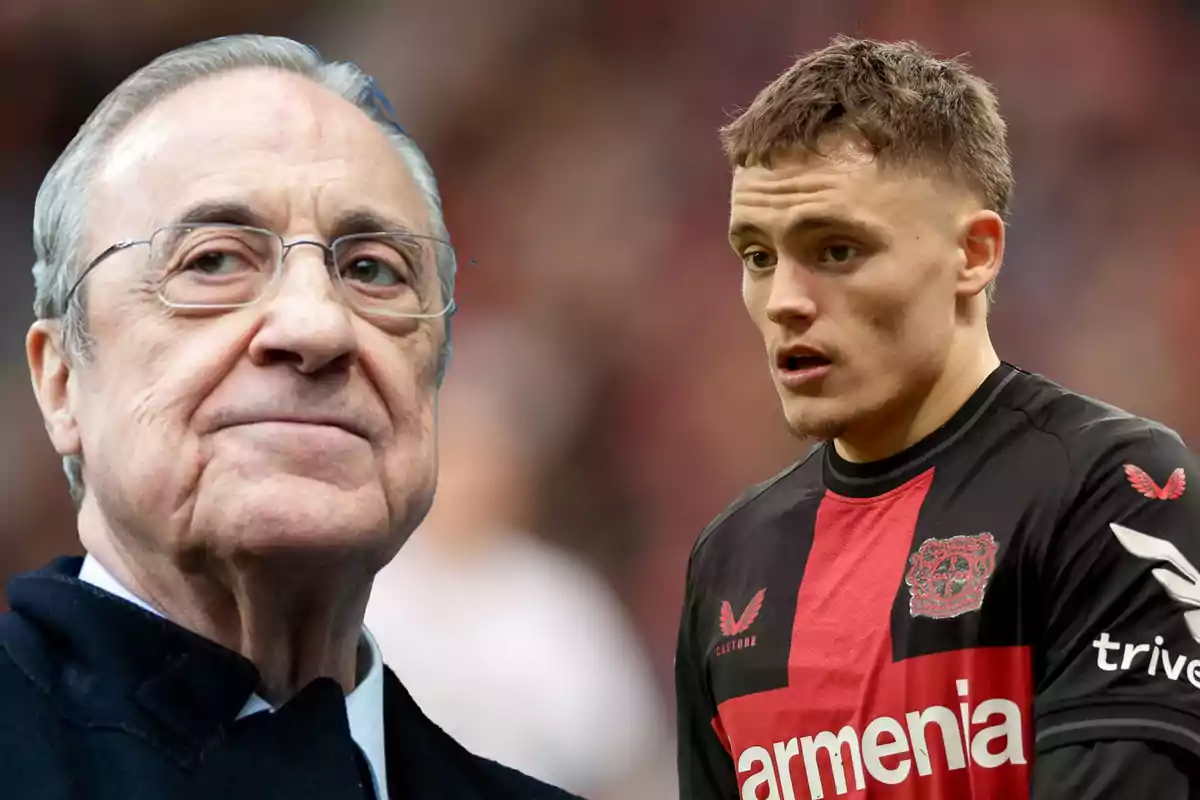 Un hombre mayor con gafas y un joven futbolista con uniforme negro y rojo.