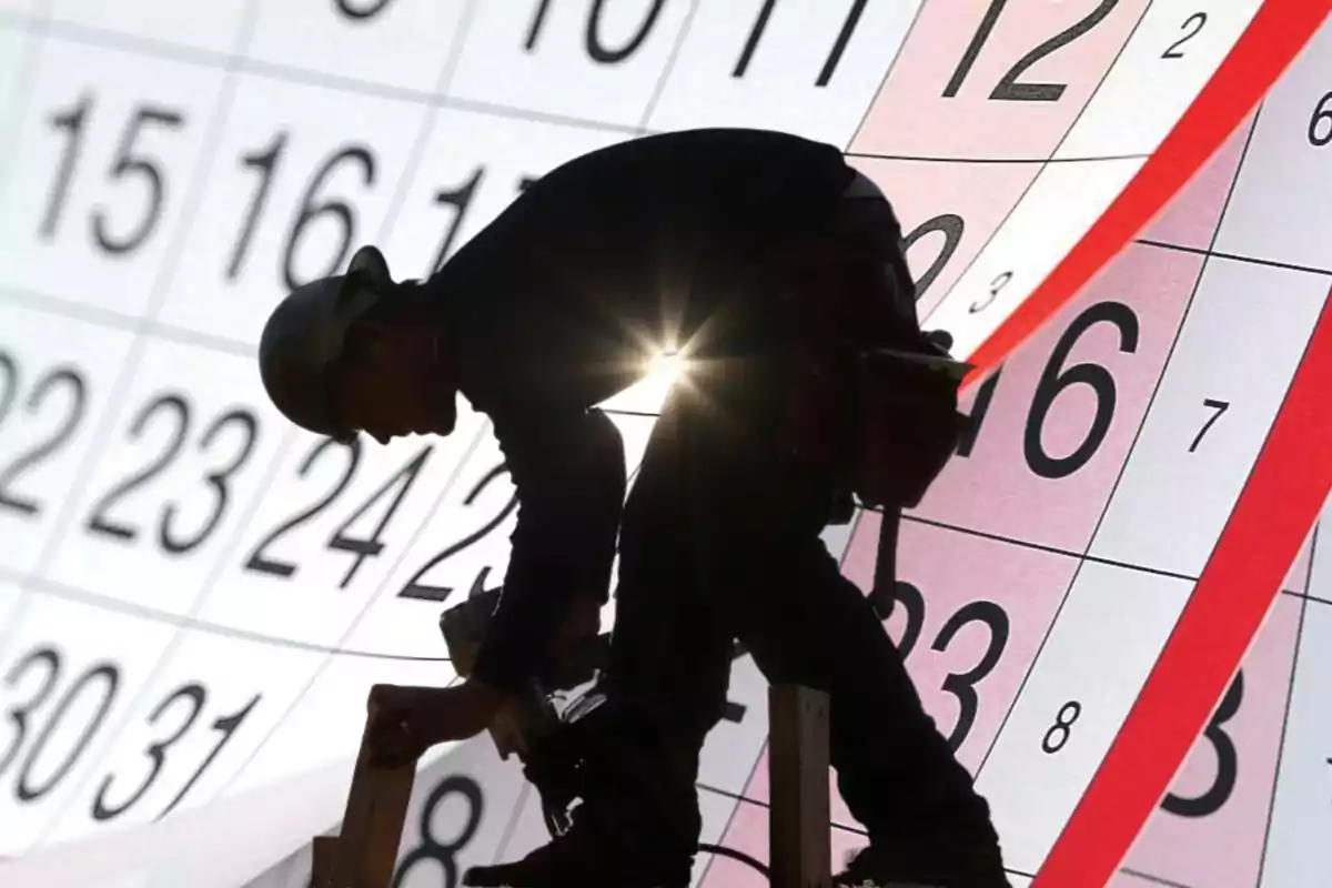 Trabajador con casco y herramientas en silueta frente a un calendario gigante con días marcados.