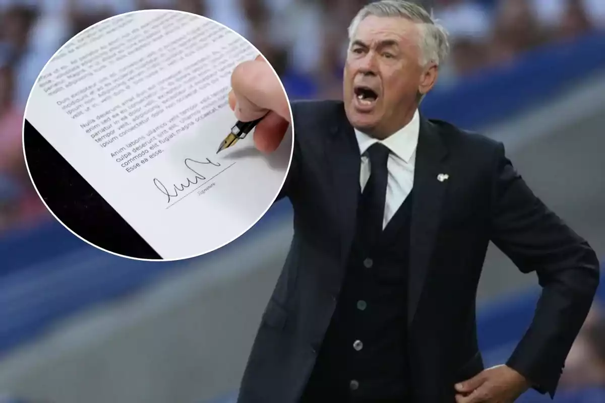 Un hombre de traje gesticulando en un estadio con una imagen superpuesta de una mano firmando un documento.