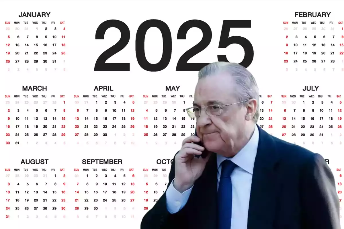 Calendario del año 2025 con un hombre mayor usando gafas y traje, hablando por teléfono.