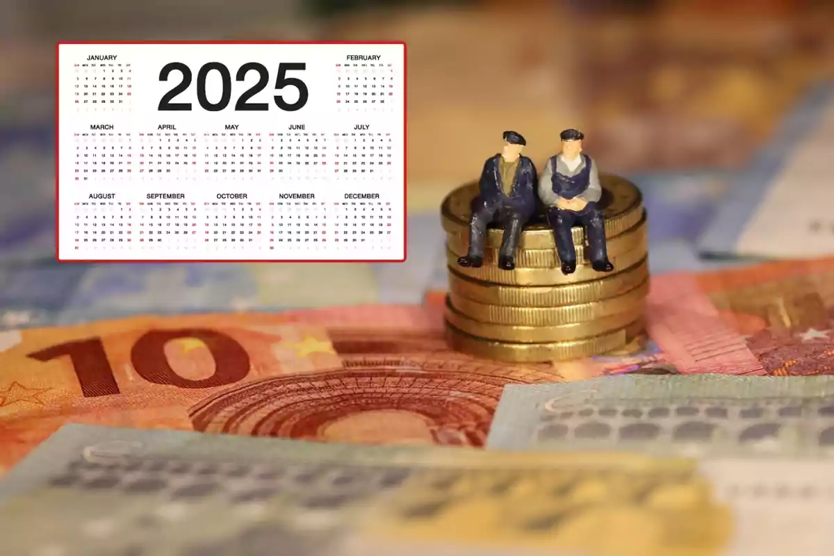 Calendario del año 2025 con figuras de personas mayores sentadas sobre una pila de monedas y billetes de euro en el fondo.