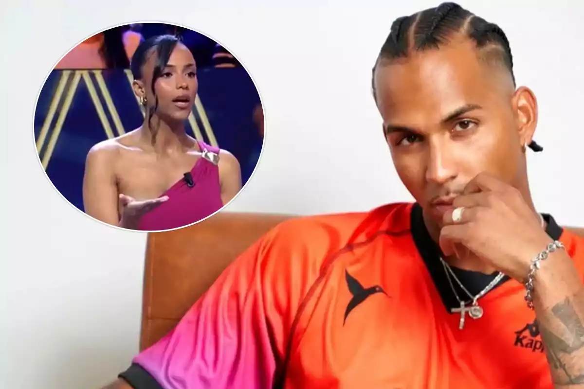 Un hombre con trenzas y camiseta naranja posa pensativo mientras en un recuadro se muestra a una mujer hablando en un set de televisión.