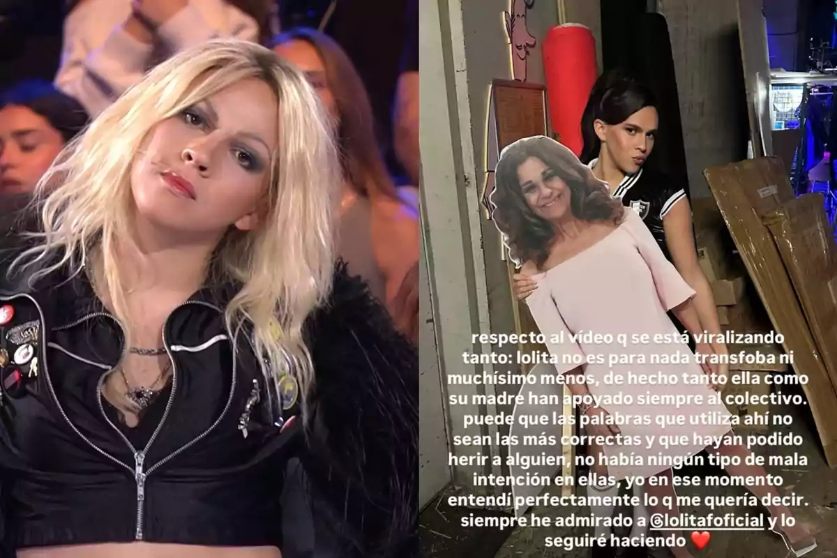 Persona rubia con expresión seria en un programa de televisión y otra persona posando con un recorte de cartón de una mujer, acompañada de un mensaje de apoyo escrito sobre la imagen. Persona rubia con expresión seria en un programa de televisión y otra persona posando con un recorte de cartón de una mujer, acompañada de un mensaje de apoyo escrito sobre la imagen.
