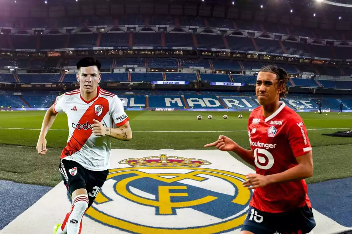 Dos jugadores de fútbol, uno con la camiseta de River Plate y otro con la camiseta del Lille, están en el estadio Santiago Bernabéu de Real Madrid.