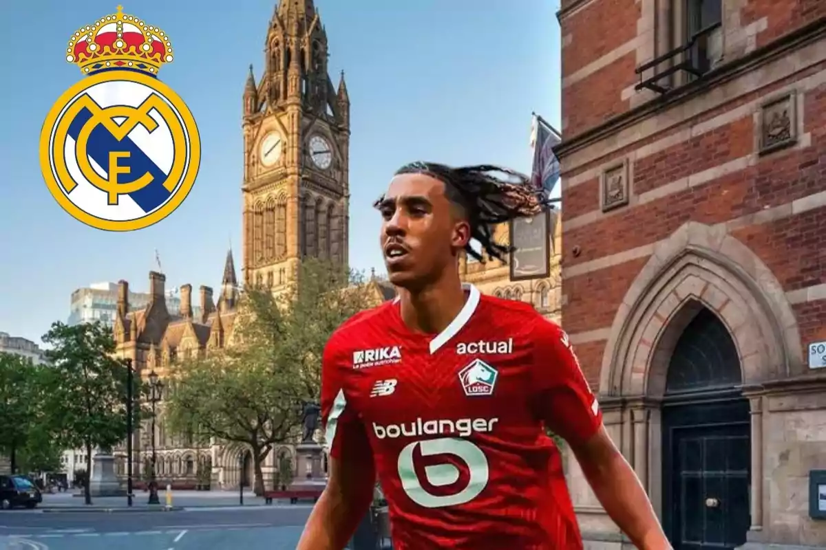 Un jugador de fútbol con la camiseta del Lille OSC aparece en primer plano, mientras que en el fondo se observa un edificio histórico con una torre de reloj y el escudo del Real Madrid en la esquina superior izquierda.